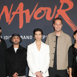 Bastien Bouillon, Mehdi Idir (réalisateur), Tahar Rahim, Grand Corps Malade ( GCM, Fabien Marsaud) et Marie-Julie Baup lors de l'avant-première du film "Monsieur Aznavour" au cinéma Le Grand Rex à Paris le 22 octobre 2024. © Coadic Guirec / Bestimage