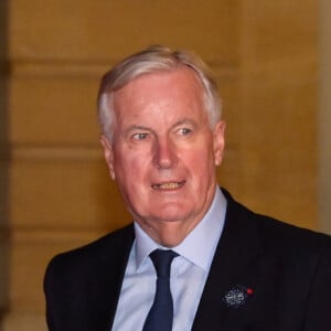 Le premier ministre Michel Barnier accueille Marcel Ciolacu, premier ministre de la Roumanie, pour un dîner d'état à l'hôtel de Matignon à Paris le 4 novembre 2024. © Federico Pestellini / Panoramic / Bestimage 