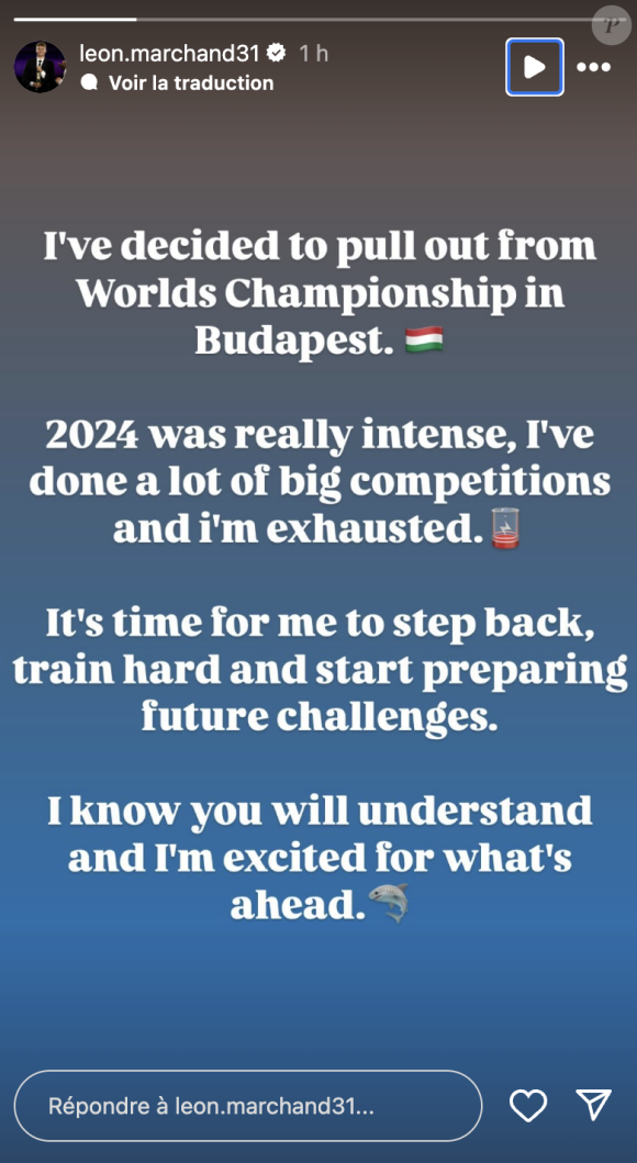 Alors qu'il était attendu en ce mois de décembre aux Championnats du monde petit bassin du 10-15 décembre prochain, à Budapest, il a annoncé qu'il se retirait.

Instagram @leon.marchand31