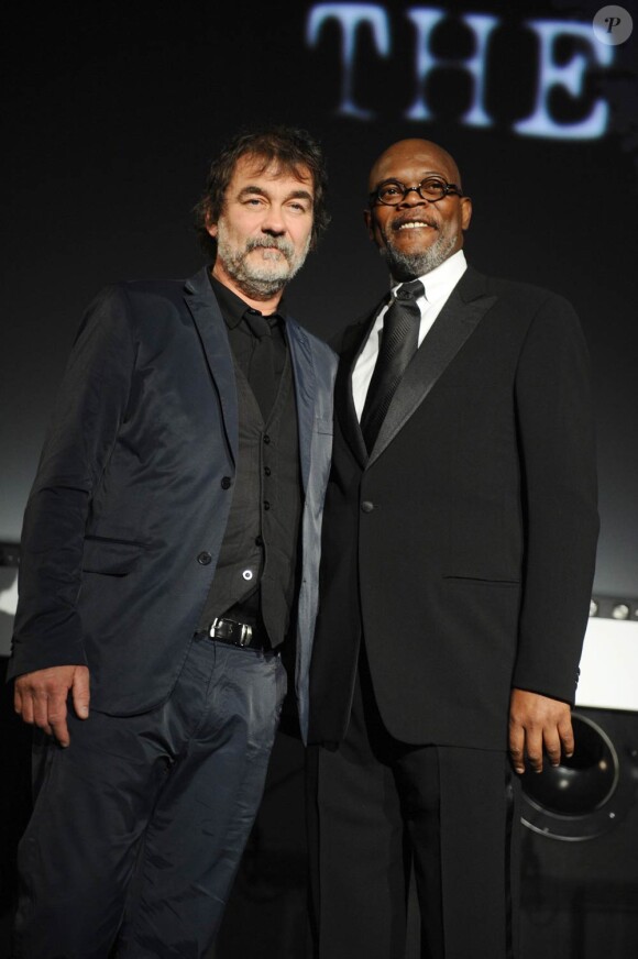 Olivier Marchal et Samuel L. Jackson, à l'occasion de l'ouverture du 2e Festival International du Film Policier de Beaune, dans la Côte d'Or, le 8 avril 2010.