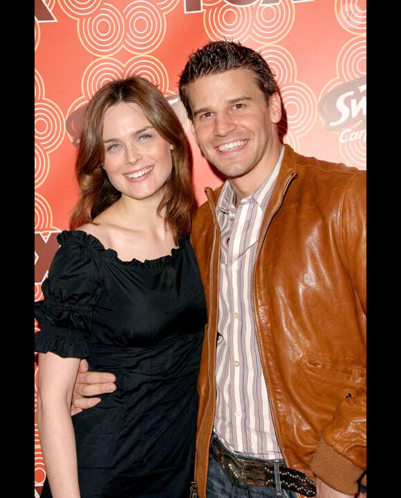 Emily Deschanel et son partenaire de Bones, David Boreanaz, posent lors d'une soirée à Los Angeles en octobre 2005