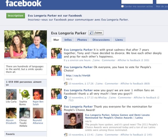 Capture d'écran de la page Facebook de Eva Longoria