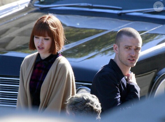 Justin Timberlake sur le tournage de Friends with benefits avec l'actrice Mila Kunis.