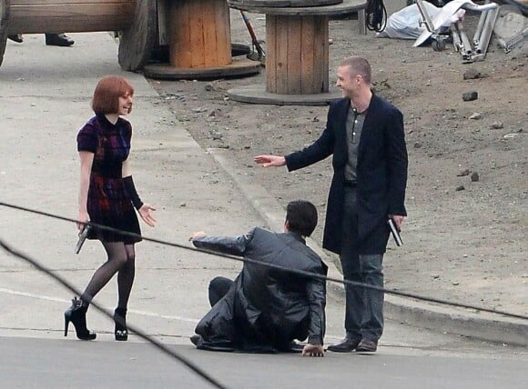 Justin Timberlake et Amanda Seyfried sur le tournage de Now, en décembre 2010.