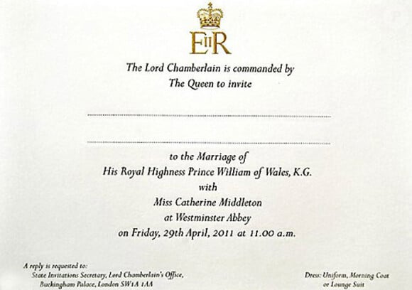 Invitation au mariage de Kate Middleton et du prince William, qui se tiendra le 29 avril 2011.