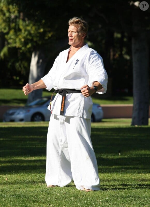 Dolph Lundgren en plein entraînement de karaté à Beverly Hills, le 20 février 2011