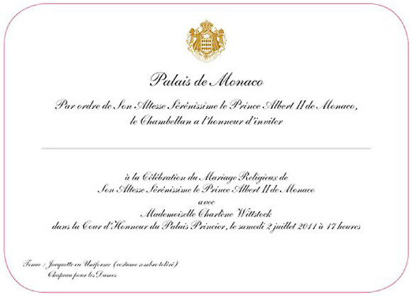 Invitation au mariage religieux de Charlene Wittstock et Albert de Monaco, qui  se tiendra le 2 juillet 2011.