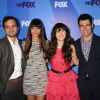 Zooey Deschanel, Jake Johnson, Hannah Simone, et Max Greenfield, membres du casting de la série The New Girl, assistent à la conférence de presse de la Fox, lundi 16 mai à New York.