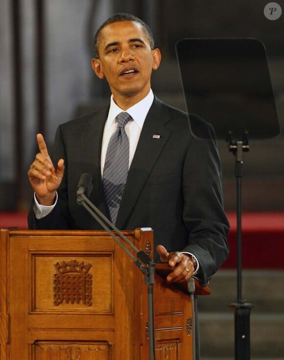 Fait rare, Barack Obama s'adresse aux deux chambres du parlement exceptionnellement réunies à Wesminster Hall, à Londres le 25 mai 2011.