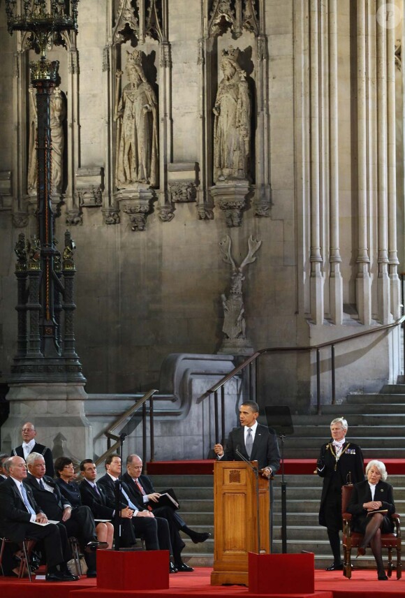 Fait rare, Barack Obama s'adresse aux deux chambres du parlement exceptionnellement réunies à Wesminster Hall, à Londres le 25 mai 2011.
