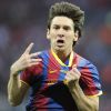 Lionel Messi fête son but lors de la finale de la Ligue des Champions, qui a vu la victoire du FC Barcelone sur Manchester United (3 buts à 1), au stade de Wembley, à Londres, le 28 mai 2011.