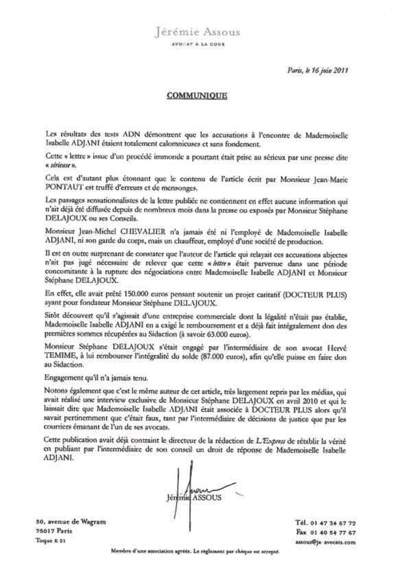 Communiqué de presse de Jérémie Assous du 16 juin 2011