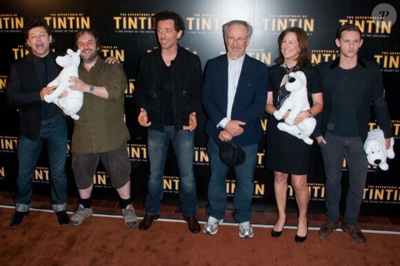 Andy Serkis, Peter Jackson, Gad Elmaleh, Steven Spielberg, Kathleen Kennedy et Jamie Bell à Paris lors de la promotion des Aventures de Tintin et le Secret de la Licorne le 19 juillet 2011
