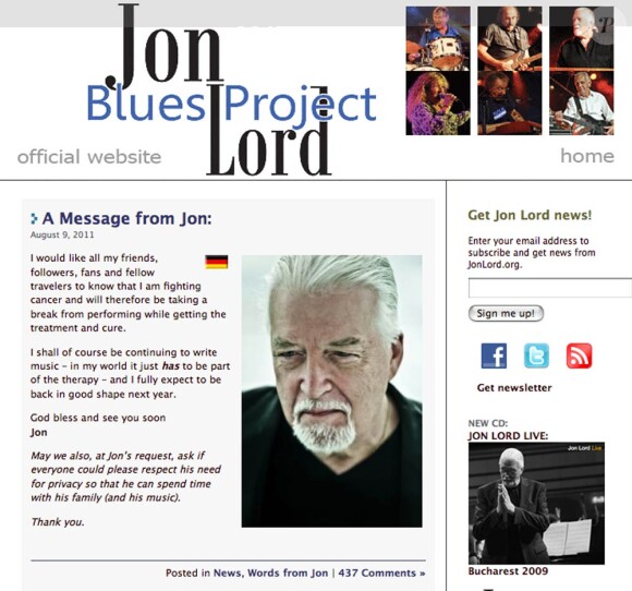 Jon Lord, icône de Deep Purple et âgé de 70 ans, a annoncé le 9 août 2011 qu'il devait affronter un cancer...