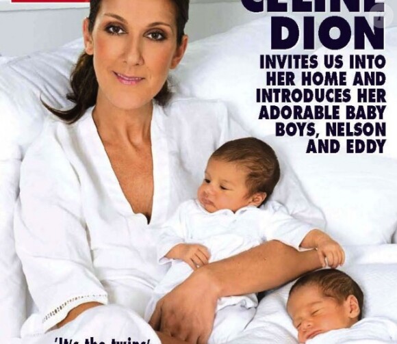Céline Dion avec ses jumeaux Nelson et Eddy en une du magazine Hello.