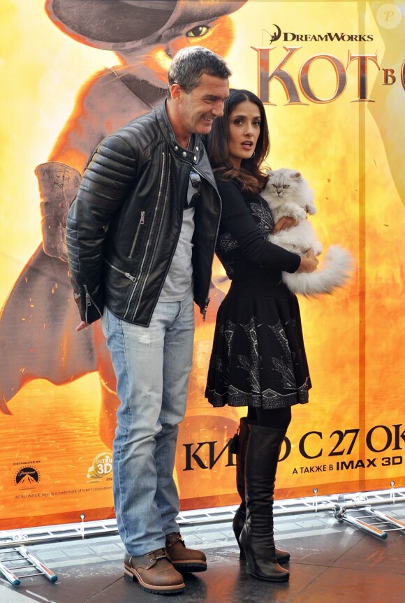 Antonio Banderas, Salma Hayek et un chat lors du photocall du Chat Potté en Russie le 26 septembre 2011. 