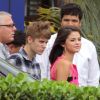 Justin Bieber et Selena Gomez décoiffés par l'hélico à Rio de Janeiro au Brésil, le 4 octobre 2011