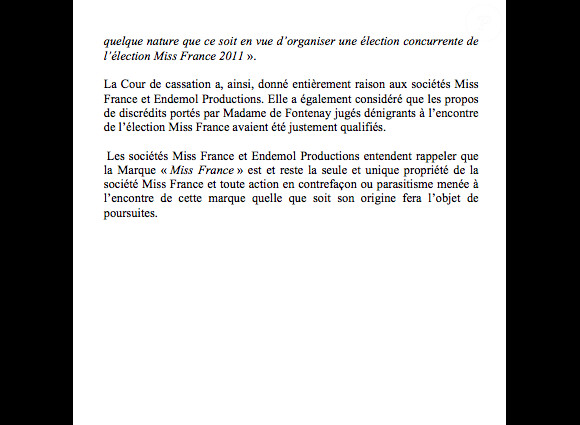 Le communiqué de la société Miss France