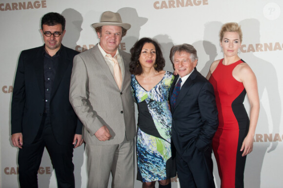 Said Ben Said, John C. Reilly, Yasmina Reza, Roman Polanski, Kate Winslet à l'avant-première de Carnage, à Paris le 20 novembre 2011.