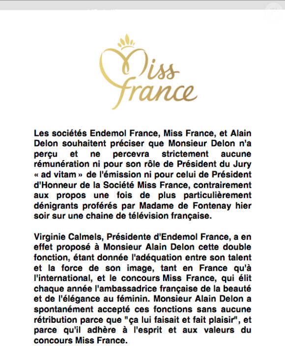 Communiqué de la Société Miss France, du 6 décembre 2011.