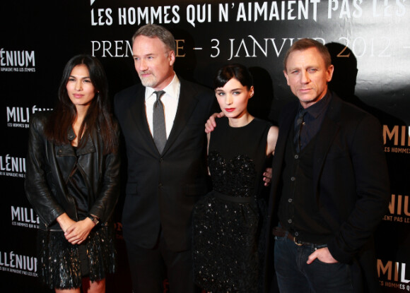 Elodie Yung, David Fincher, Rooney Mara et Daniel Craig présentent Millénium : Les hommes qui n'aimaient pas les femmes à Paris, le 3 janvier 2012.