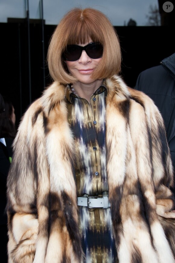 Anna Wintour sort du défilé Atelier Versace à l'École Nationale des Beaux-Arts de Paris, le 23 janvier 2012.