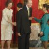 Le roi Juan Carlos Ier et la reine Sofia ont accueilli le président du Pérou Ollanta Humala et son épouse Nadine Heredia le 25 janvier 2012 au palais de la Zarzuela, à Madrid.