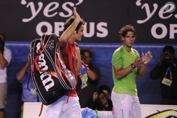 Roger Federer et Rafael Nadal le 26 janvier 2012 à Melbourne lors de leur demi-finale gagnée par l'Espagnol lors de l'Open d'Australie