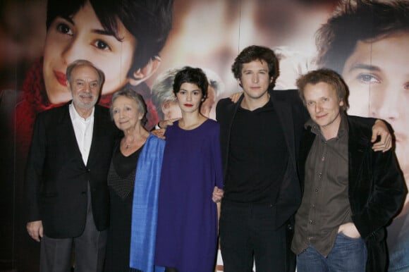 Claude Berri, Francoise Bertin, Audrey Tautou, Guillaume Canet et Laurent Stocker, en mars 2007 à Paris pour l'avant-première d'Ensemble, c'est tout 