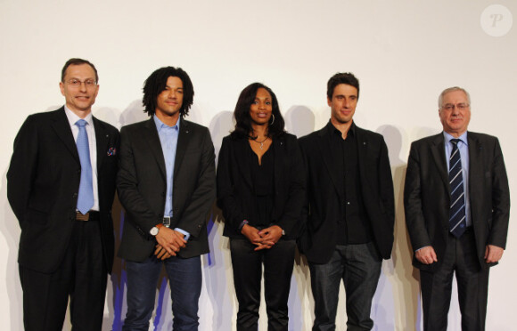 Philippe Dehennin, Arnaud Assoumani, Laura Flessel, Tony Estanguet, Tony Estanguet et Jean-Pierre Mougin lors de la soirée de présentation du Team BMW Performance au CNOSF à Paris le 14 mars 2012