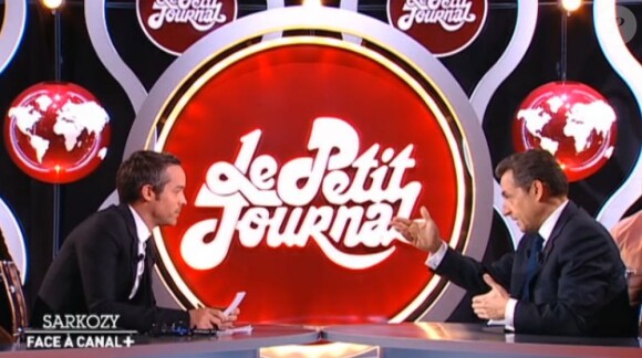 Nicolas Sarkozy face à Yann Barthès dans Le Petit Journal, sur Canal+, le 16 mars 2012.