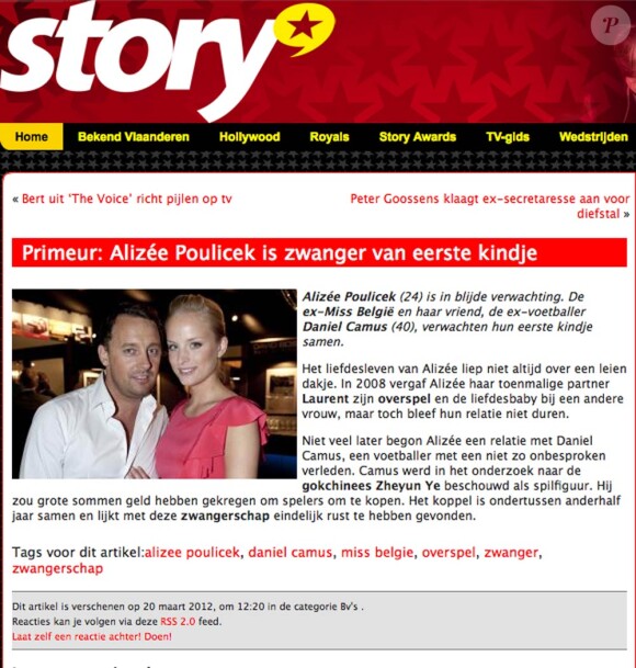 Alizée Poulicek, Miss Belgique 2008, est enceinte, a annoncé en mars 2012 la revue Story.