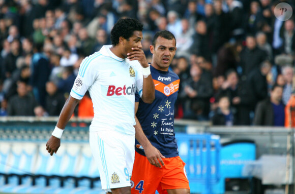Brandao et Hilton le 11 avril 2012 au Stade Vélodrome de Marseille pour le match entre l'OM et Montpellier (1-3)