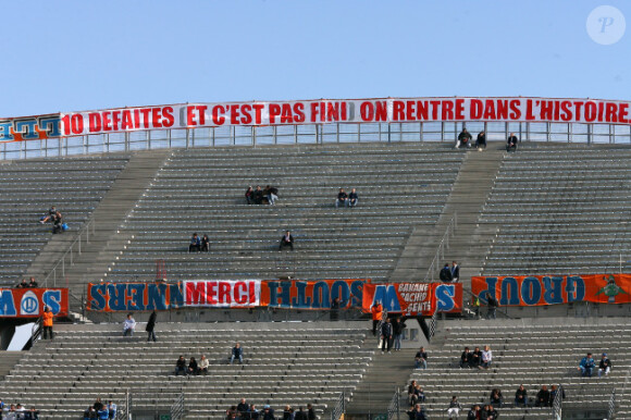 Les supporters marseillais font grève le 11 avril 2012 au Stade Vélodrome de Marseille pour le match entre l'OM et Montpellier (1-3)