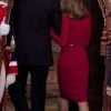 Divine dans une robe rouge, Letizia d'Espagne épaulait son mari le prince Felipe, hôte d'un déjeuner au palais royal de Madrid, vendredi 20 avril 2012, précédant la remise du Prix Cervantes.