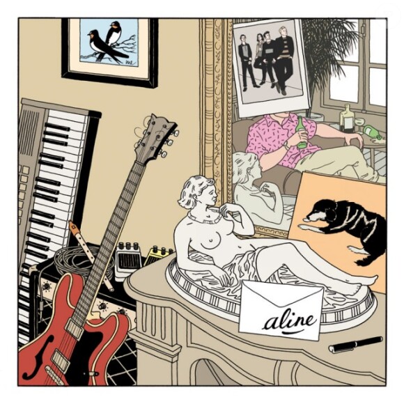 Aline (ex-Young Michelin), nouvel EP à paraître le 14 mai 2012, dont sont extraits Deux Hirondelles et Je bois et puis je danse. Illustration Martin Etienne.