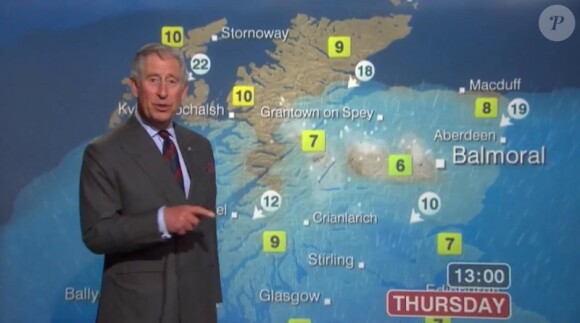 Quand le prince Charles se transforme en présentateur météo, c'est pour la chaîne BBC Ecosse le 10 mai 2012
