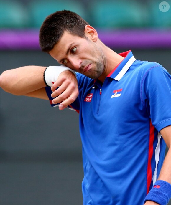 Novak Djokovic à Londres le 3 août 2012 lors des Jeux olympiques lors de sa défaite face à Andy Murray lors de la demi-finale