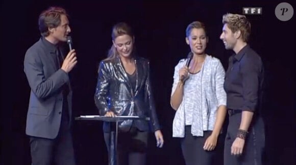 Vincent Cerutti et Sandrine Quétier aux côtés de Chimène Badi lors de la conférence de presse de Danse avec les stars 3 le mardi 18 septembre 2012 (TF1) au Bobino à Paris