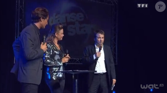 Vincent Cerutti et Sandrine Quétier aux côtés de Fabrice Bailly lors de la conférence de presse de Danse avec les stars 3 le mardi 18 septembre 2012 (TF1) au Bobino à Paris