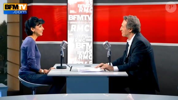 Rachida Dati sur le plateau de BFM TV, invitée de Jean-Jacques Bourdin, le 15 octobre 2012.