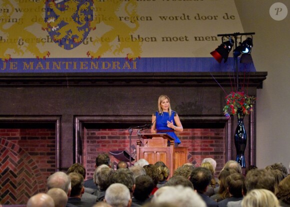 La princesse Maxima des Pays-Bas intervenant au Binnenhof à La Haye le 1er novembre 2012 pour le congrès Oeuvrer pour la stabilité alimentaire.