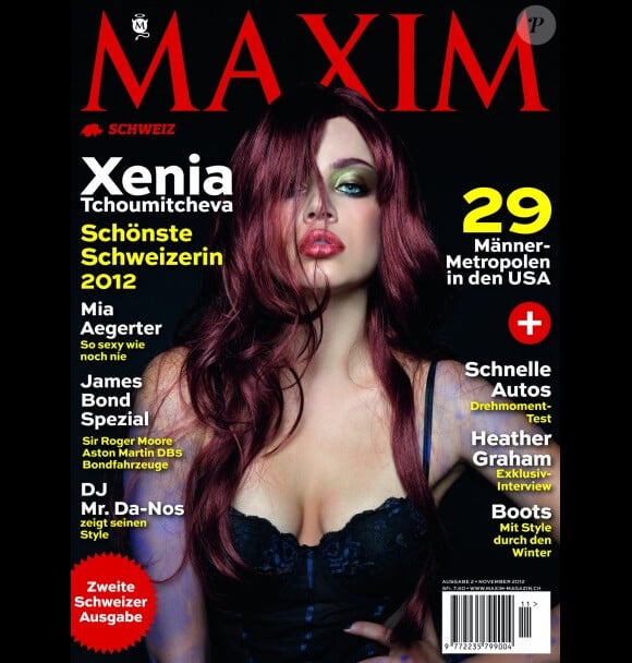 Xenia Tchoumitcheva photographiée par Patricia von Ah, pose en couverture du magazine Maxim de novembre 2012.
