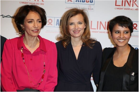 Marisol Touraine, Valérie Trierweiler, et Najat Vallaud-Belkacem lors du dîner pour l'association Aides, le 27 Novembre 2012 à Paris.