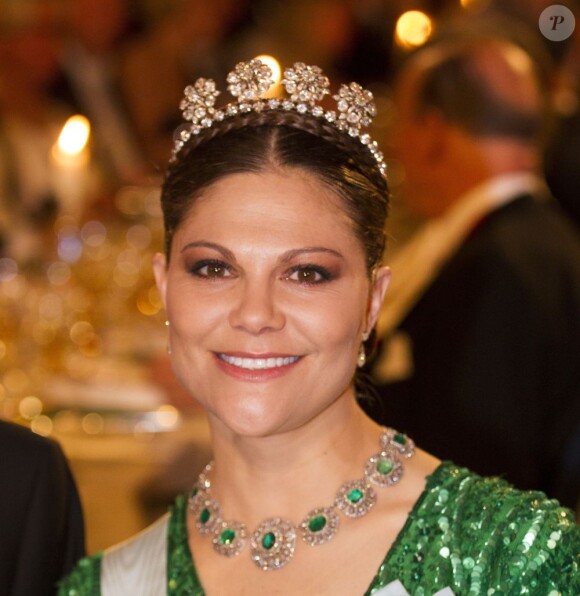 La princesse Victoria de Suède lors du dîner de gala en l'honneur des lauréats des prix Nobel, le 10 décembre 2012 à l'Hôtel de Ville de Stockholm.