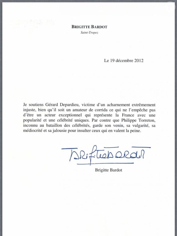 Lettre ouverte de Brigitte Bardot en soutien à Gérard Depardieu, publiée le 19 décembre 2012.