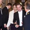 La princesse Madeleine de Suède assistait avec son fiancé Chris O'Neill, dont c'était là le premier engagement officiel avec la famille royale de Suède, au gala de fin d'année de l'Académie royale, à la Bourse de Stockholm, le 20 décembre 2012.