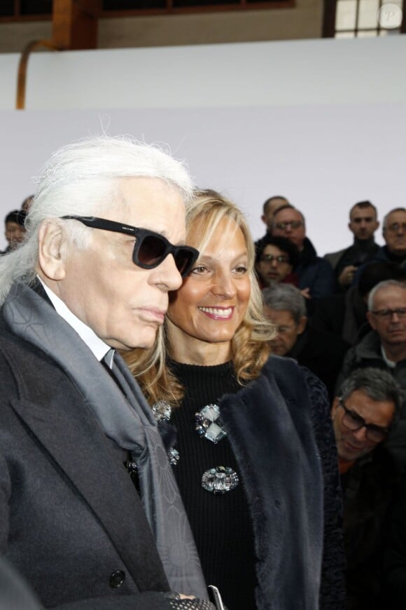 Karl Lagerfeld et Helene Arnault au défilé Dior le 19 janvier 2013.
