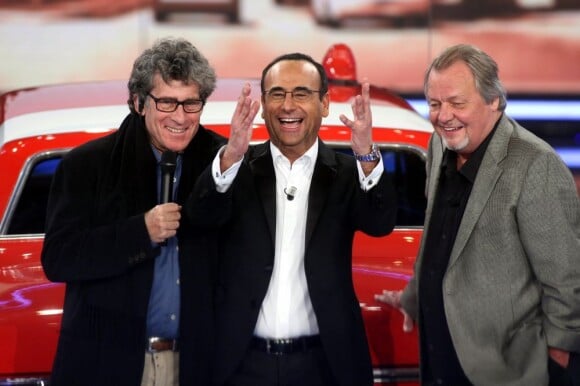 Paul Michael Glaser (Starsky), Carlo Conti, et David Soul (Hutch) à Rome le 9 Fevrier 2013.