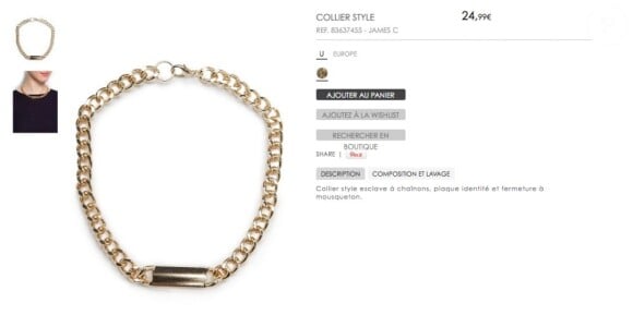 Impression écran du site Mango sur lequel est commercialisé un collier "Style Esclave". Mars 2013. Ici on peut voir que la marque a modifié le nom du collier pour "Collier Style".
